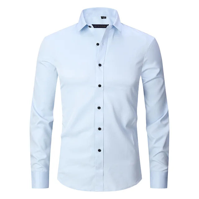 Men's long sleeve dress shirt, providing a comfortable stretch fit and a polished, wrinkle-free look.