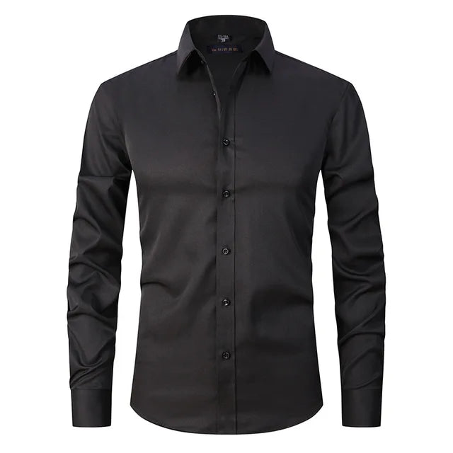 Man models a sharp wrinkle-free stretch dress shirt, perfect for any business setting.