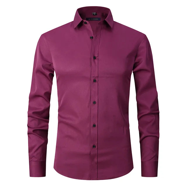 Close-up of a men's comfortable stretch dress shirt, highlighting its easy-care fabric.