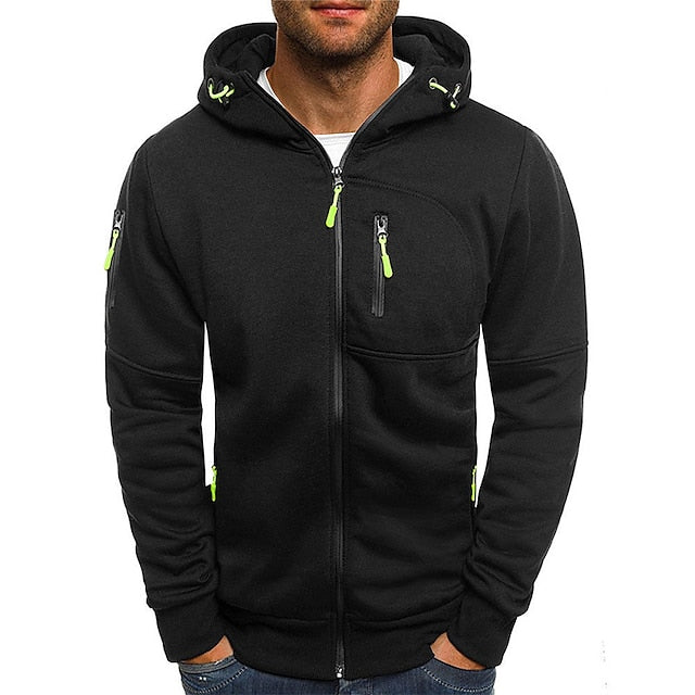Close-up of the durable zipper on a men's casual workwear hoodie.