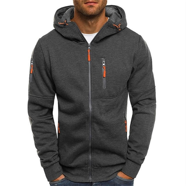 Model wearing a comfortable men's zip-up hoodie, perfect for layering.