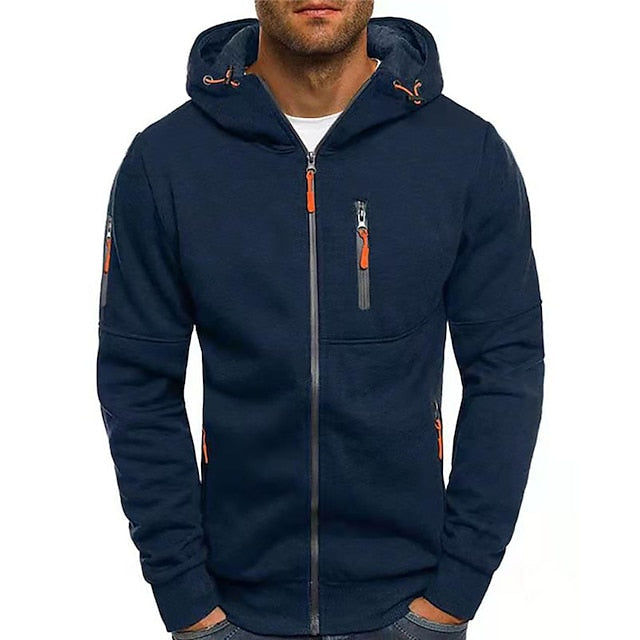 Men's zip-up workwear hoodie in navy blue, a versatile casual wear option.