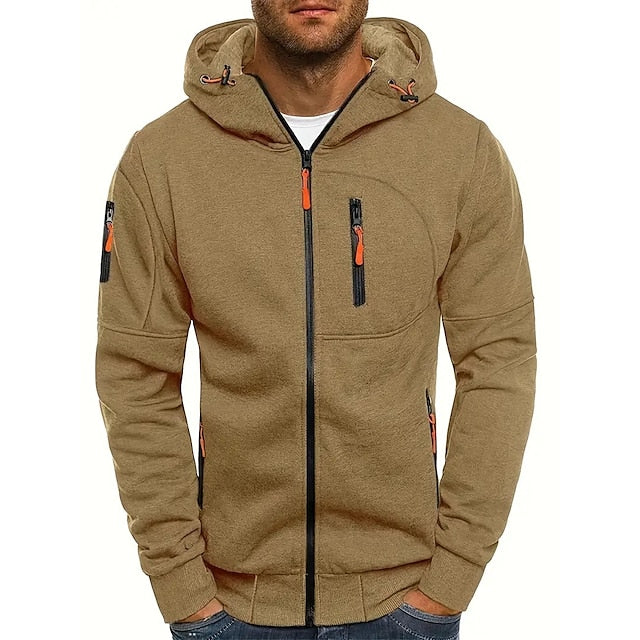Side profile of a men's zip hoodie, highlighting its relaxed fit.