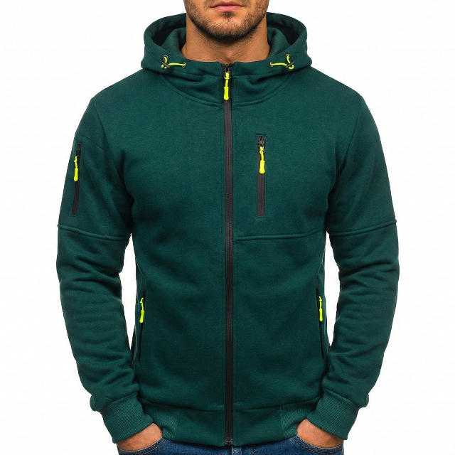 Men's zip-up hoodie styled for work or casual outings, showcasing comfort.