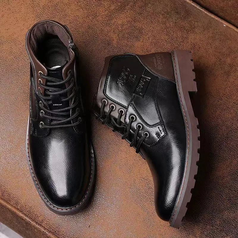 Men's black ankle work boots with lace-up front and convenient side zip for durable everyday wear.