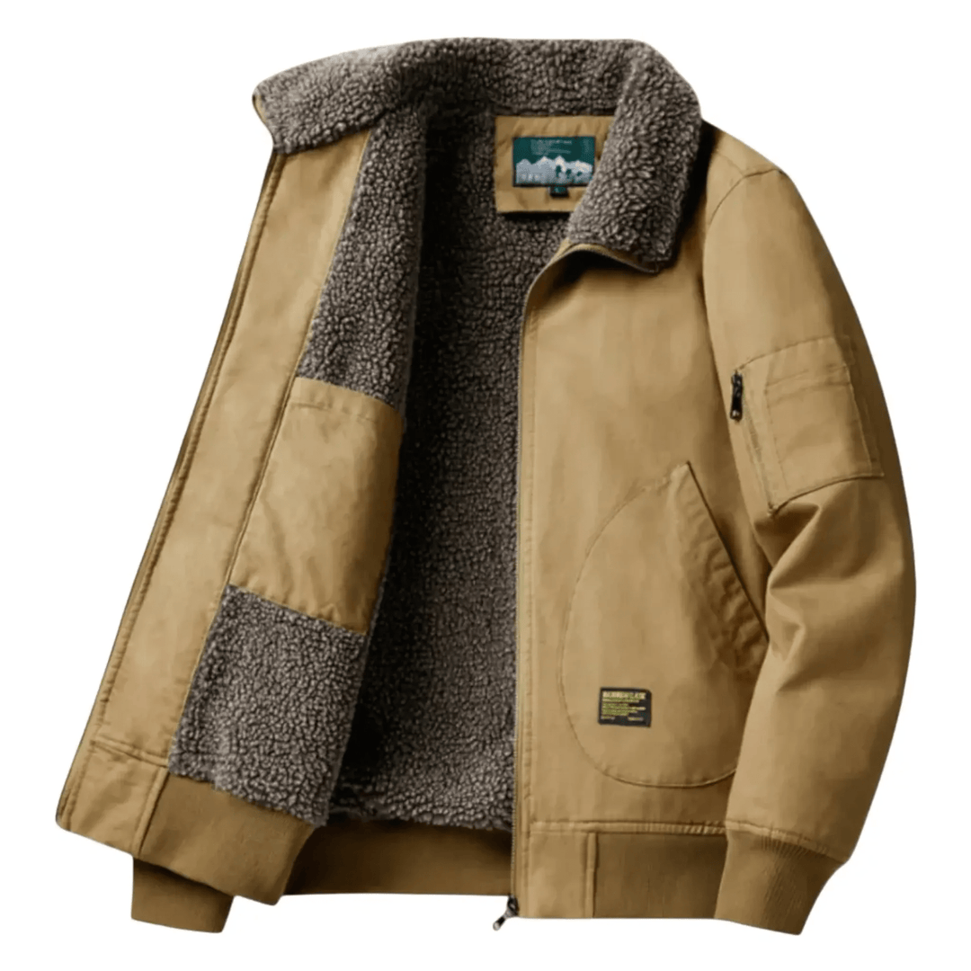 Close-up: Men's aviator bomber jacket, highlighting the soft plush collar, a key feature for warmth & style.