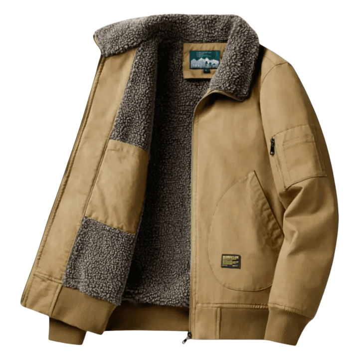Close-up: Men's aviator bomber jacket, highlighting the soft plush collar, a key feature for warmth & style.
