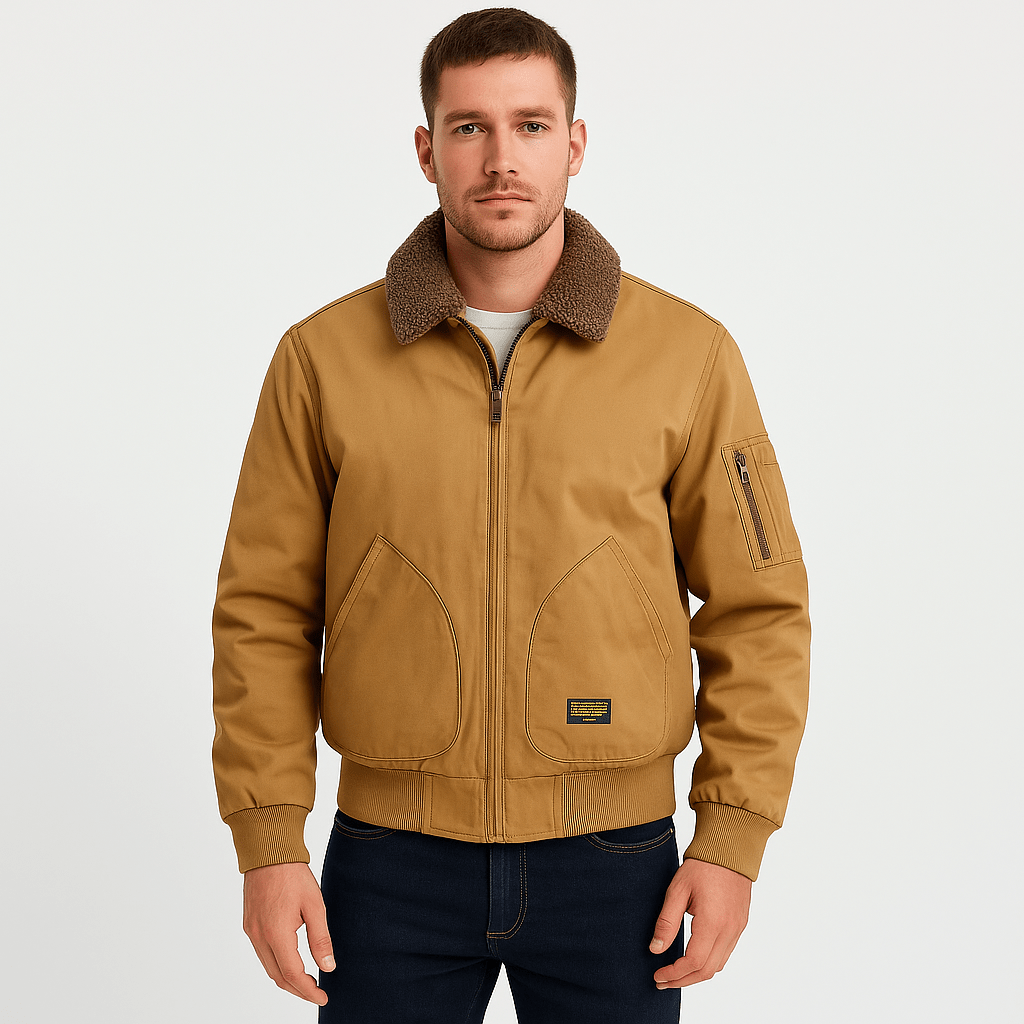Detail of men's casual aviator bomber jacket showing secure zip pockets, practical for everyday fall & winter wear.