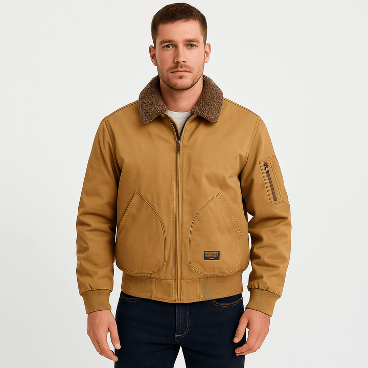 Detail of men's casual aviator bomber jacket showing secure zip pockets, practical for everyday fall & winter wear.
