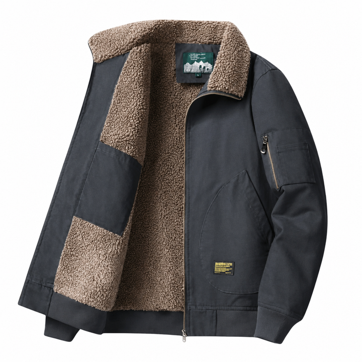 Stylish men's aviator bomber jacket, ideal fall & winter coat. Features plush collar & secure zip pockets for comfort.