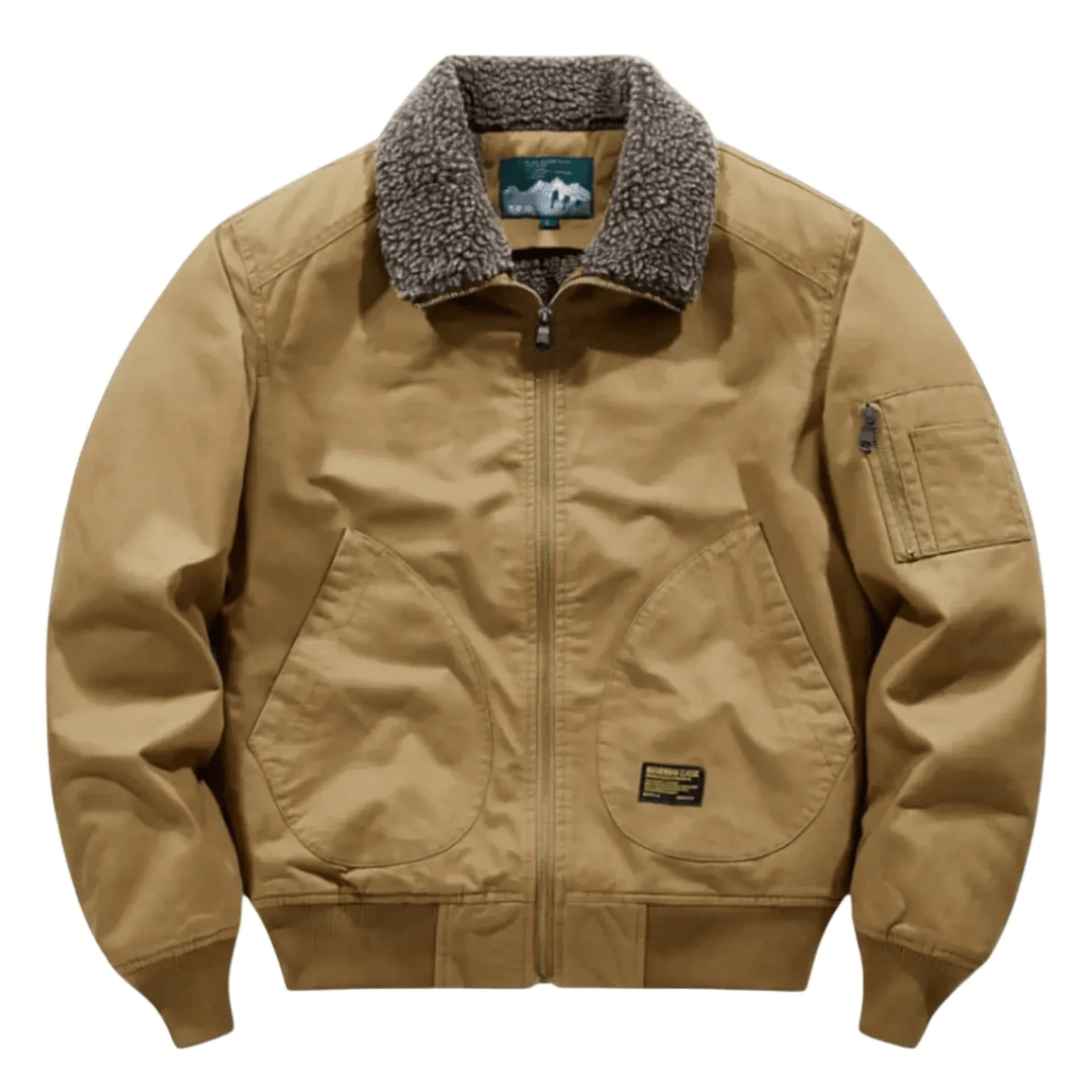 Men's stylish aviator bomber jacket with plush collar, secure zip pockets. Warm winter & fall outerwear.