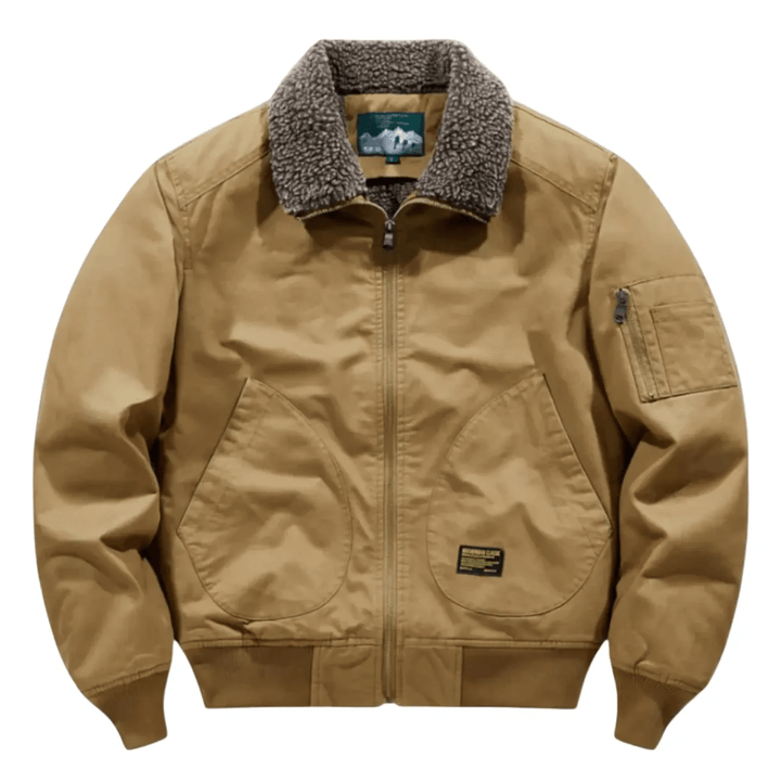 Men's stylish aviator bomber jacket with plush collar, secure zip pockets. Warm winter & fall outerwear.