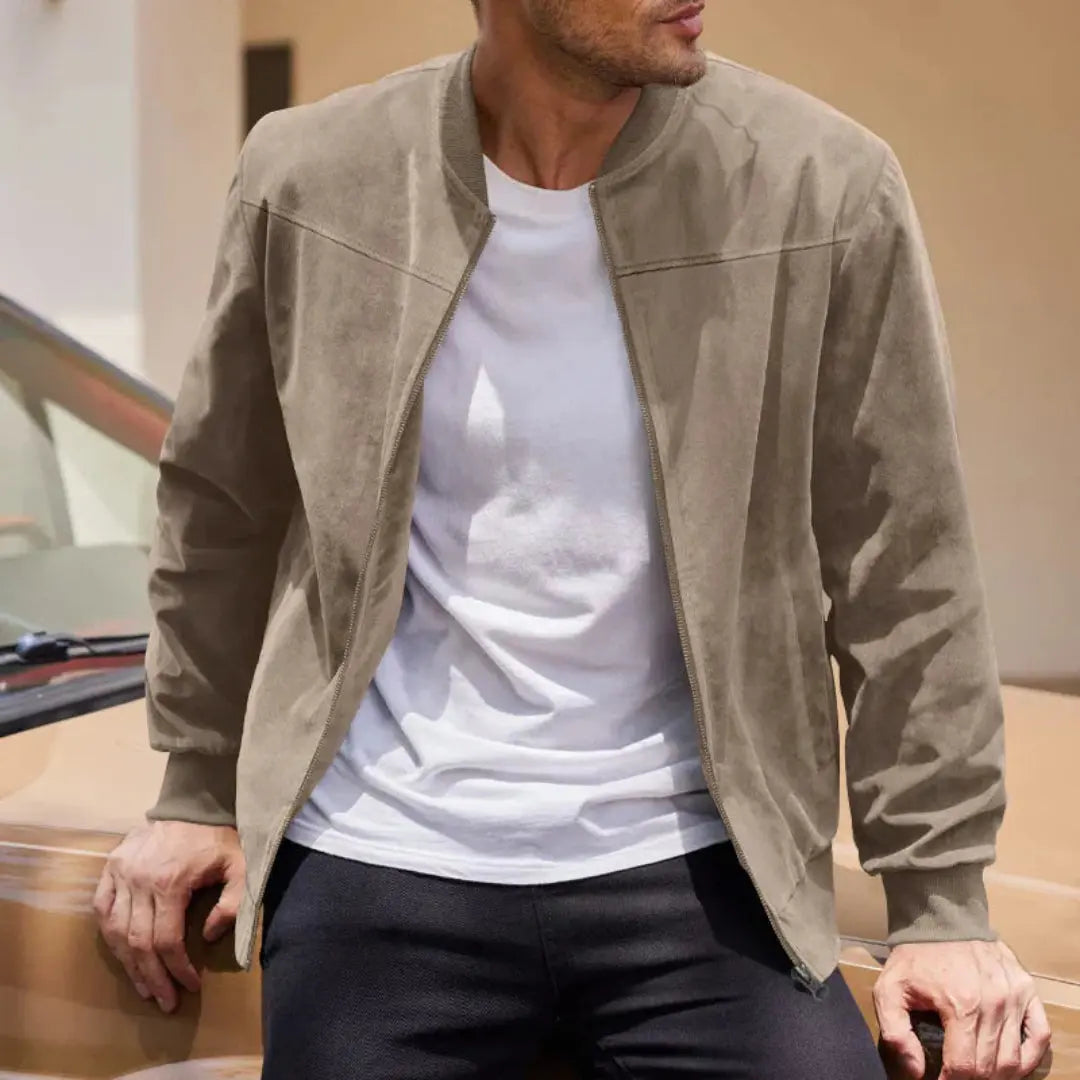 Stylish men's all-season bomber jacket. Modern fit, ribbed collar, and practical pockets for versatile outerwear.