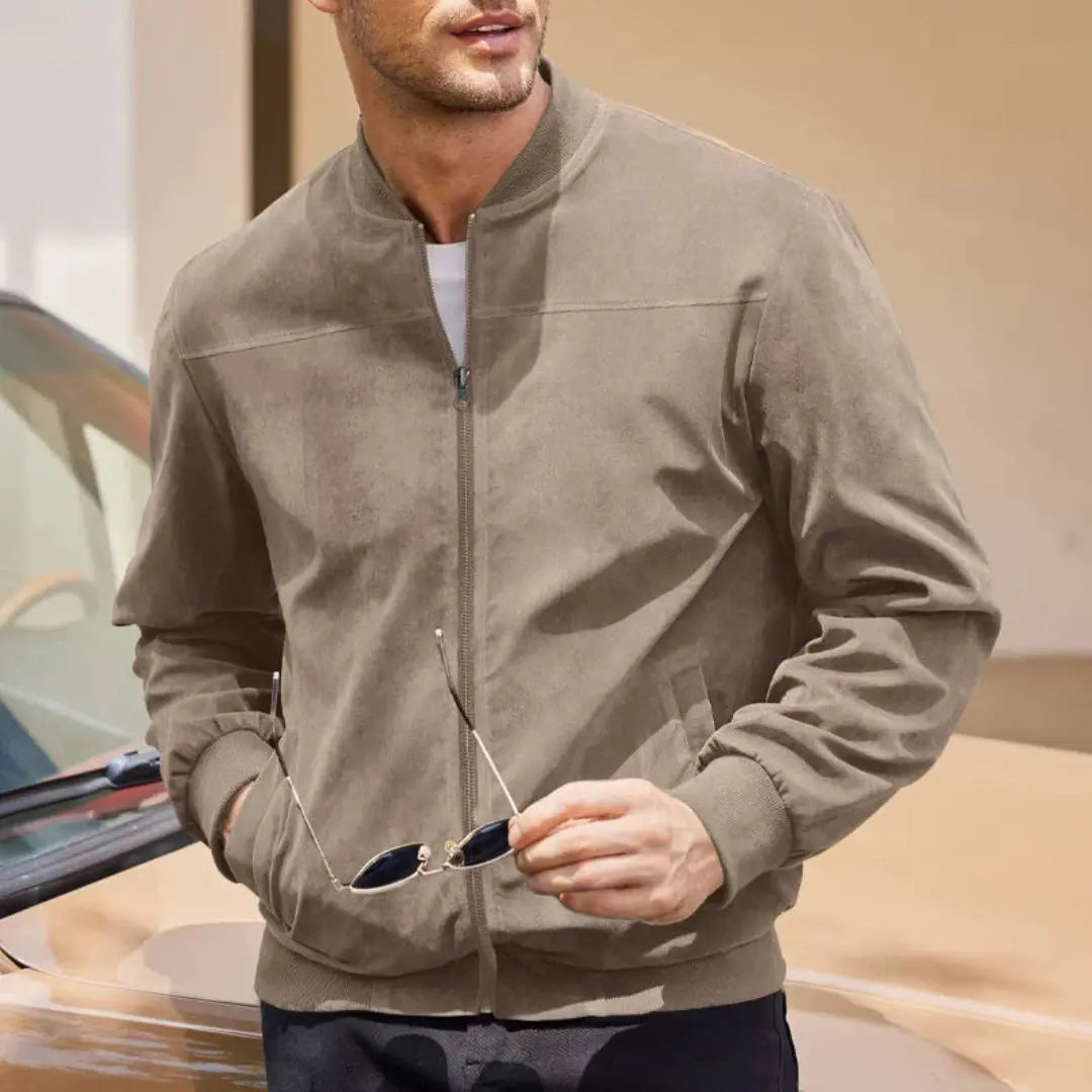 Classic men's bomber jacket with ribbed collar & functional zip pockets. Stylish and versatile everyday wear.