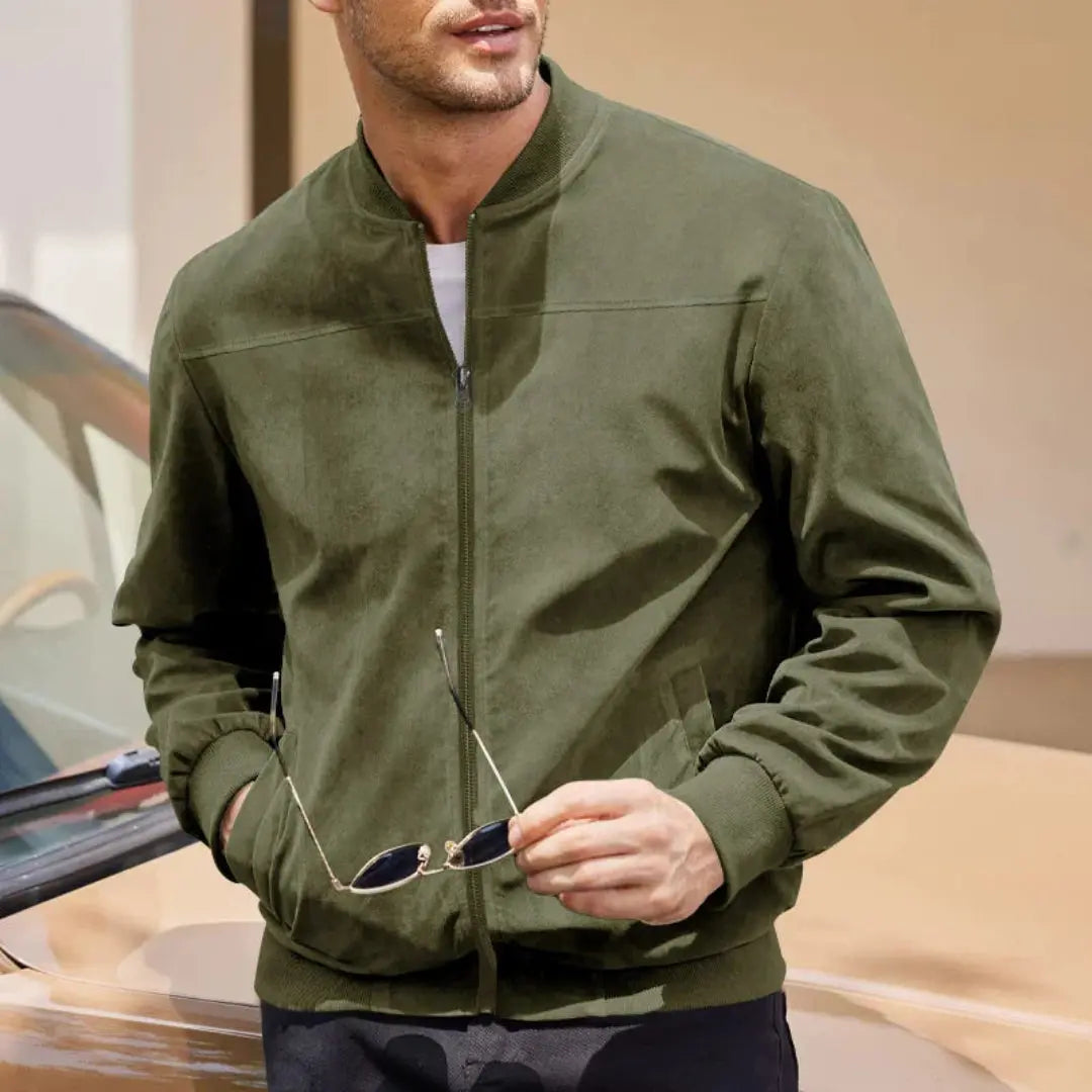 Sleek men's bomber jacket with modern fit, ribbed collar, and functional zip pockets. Versatile casual outerwear.
