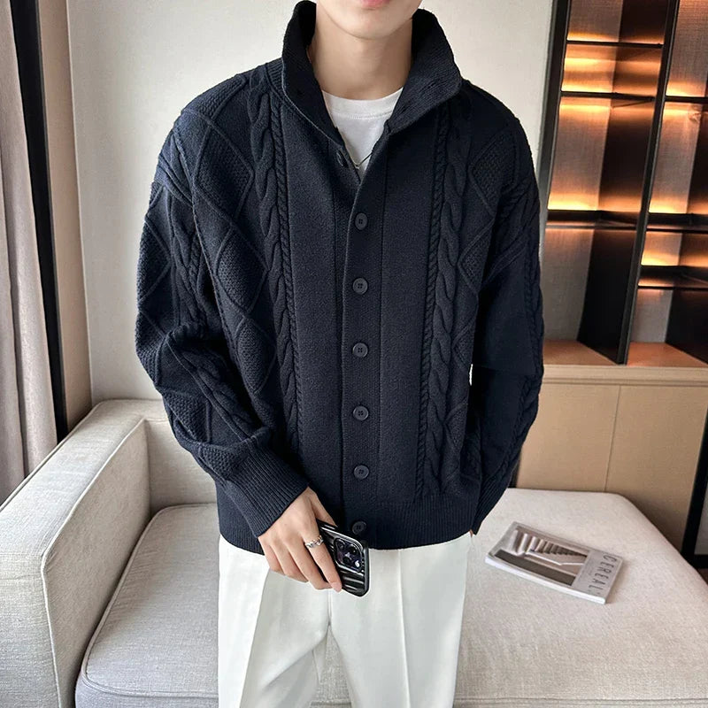 Stylish men's button-up cardigan, textured fabric and stand collar make it ideal for smart casual wear.