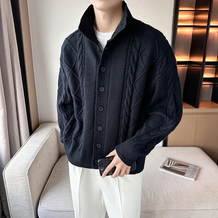 Versatile men's textured cardigan with stand collar, button-up design perfect for fall layering & outerwear.
