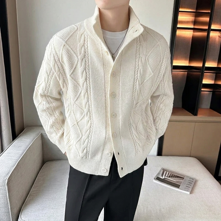 Men's classic button-up textured cardigan, designed with a stand collar for a sophisticated fall fashion look.
