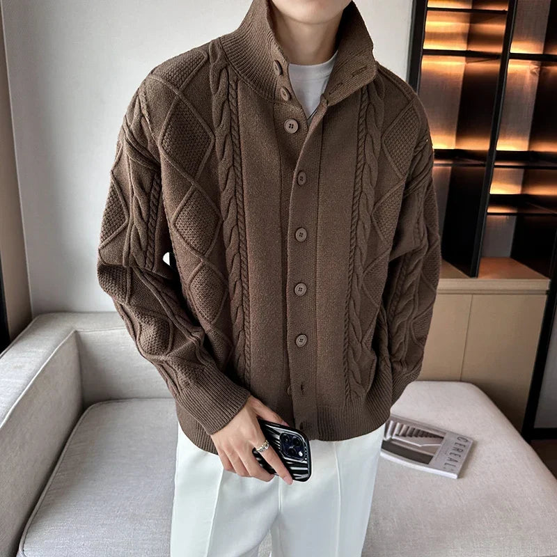 Men's textured button-up cardigan with a stylish stand collar, perfect for fall and winter layering.
