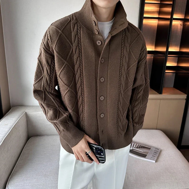 Men's textured button-up cardigan with a stylish stand collar, perfect for fall and winter layering.