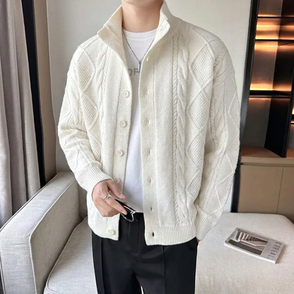 Modern men's textured knit cardigan with a sharp stand collar and button-up front, great for winter fashion.