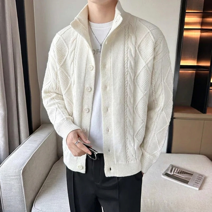 Modern men's textured knit cardigan with a sharp stand collar and button-up front, great for winter fashion.