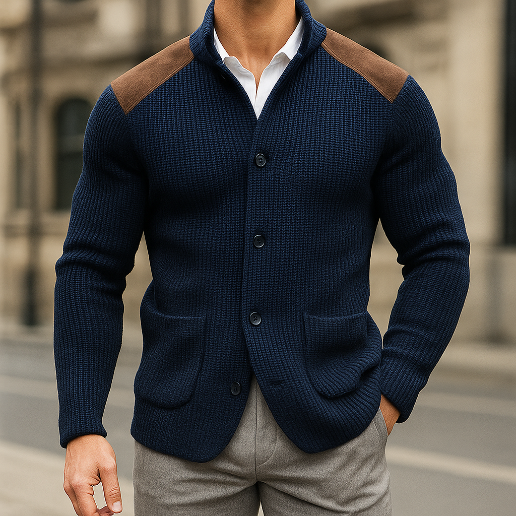 Stylish men's knit cardigan with practical patch pockets and button front, perfect for versatile layering.