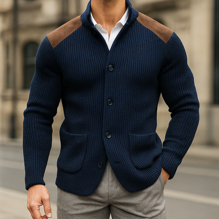Stylish men's knit cardigan with practical patch pockets and button front, perfect for versatile layering.