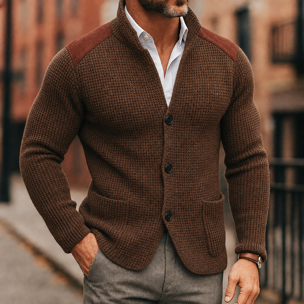 Comfortable men's knit cardigan sweater, classic style, with blazer-like button front & patch pockets.