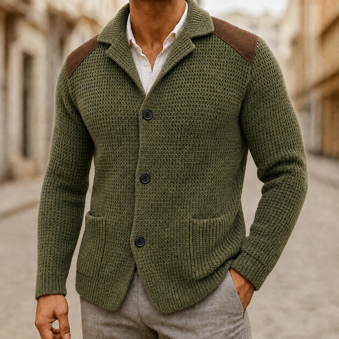 Fashionable men's knitwear cardigan, button front, and patch pockets, offering a smart casual look.