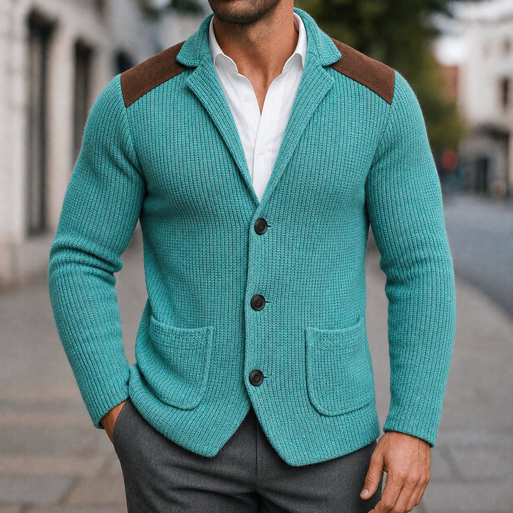 Versatile men's knit cardigan sweater for smart casual outfits, featuring blazer-style design & pockets.