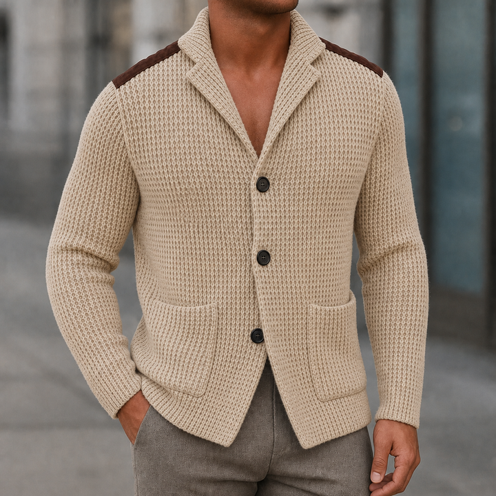 Classic men's knit cardigan with button-front closure and practical patch pockets for daily wear.