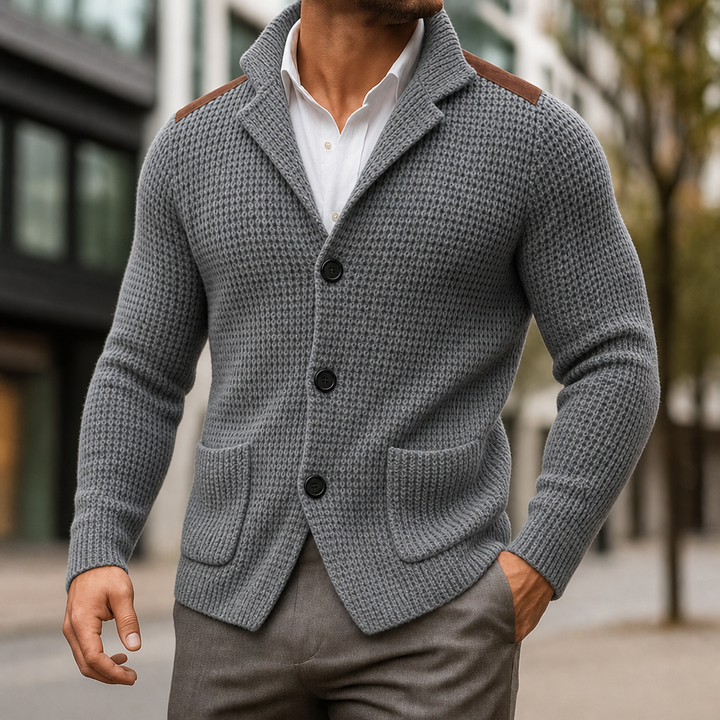 Men's knit cardigan in blazer-style, featuring a sophisticated button front, ideal for smart casual layering.