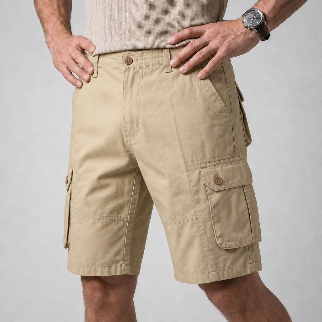 Stylish men's knee-length cargo shorts, relaxed fit, with practical secure flap pockets for a casual summer look.