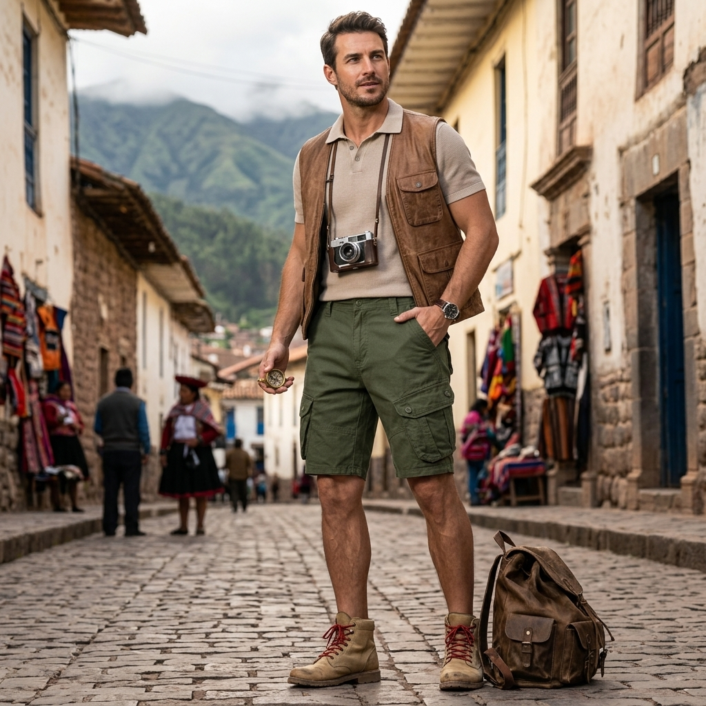 Versatile men's relaxed fit cargo shorts, knee-length, with secure flap pockets, ideal for travel and casual apparel.