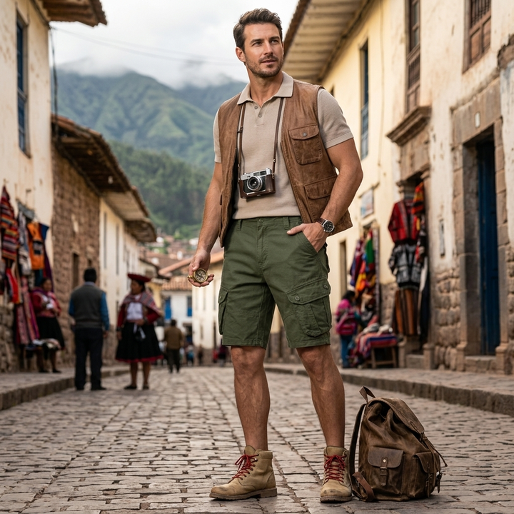 Versatile men's relaxed fit cargo shorts, knee-length, with secure flap pockets, ideal for travel and casual apparel.