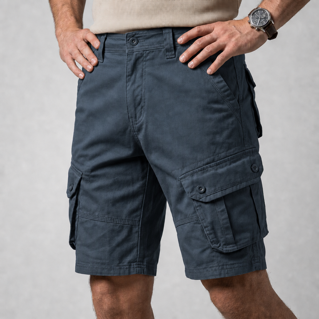 Men's casual relaxed fit knee-length cargo shorts with secure flap pockets, comfortable summer wear utility shorts.