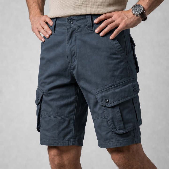 Men's casual relaxed fit knee-length cargo shorts with secure flap pockets, comfortable summer wear utility shorts.