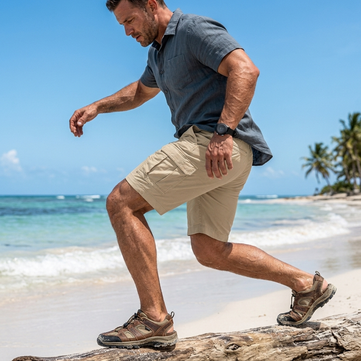 Durable men's cotton cargo shorts, designed with multi-pockets for casual warm weather comfort & utility.