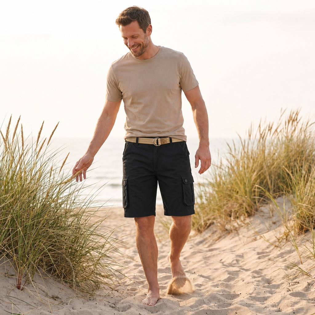 Men's relaxed fit cargo shorts with practical side pockets, great for casual, comfortable summer outfits.