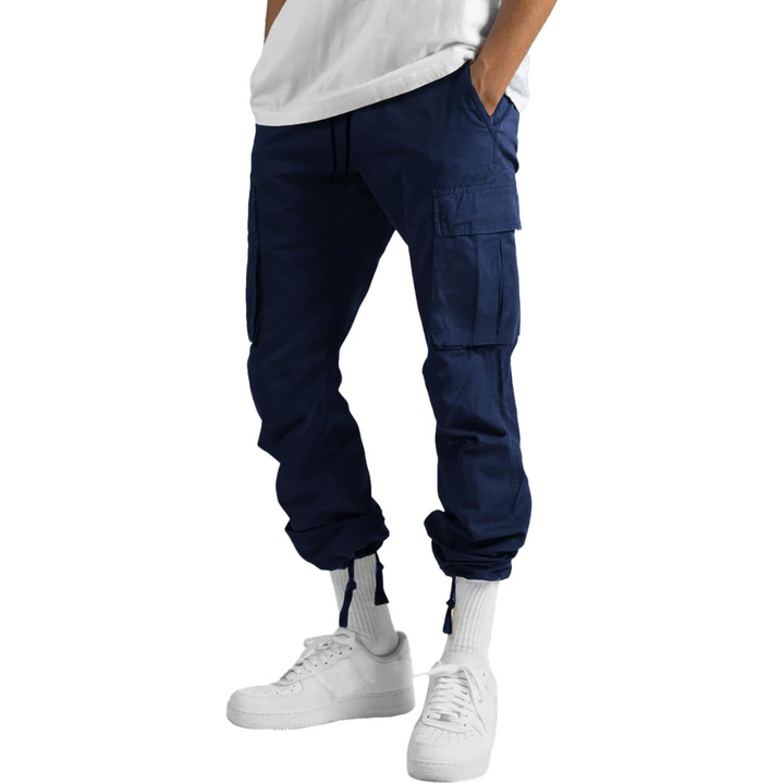 Active men's cotton cargo joggers, engineered for peak comfort during workouts or leisure.
