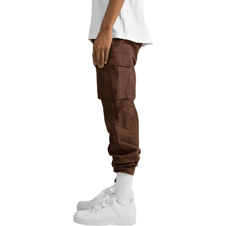 Close-up of multi-pocket detail on stylish men's cargo joggers for functional casual wear.