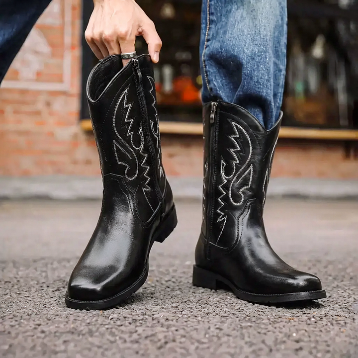 Classic men's western cowboy boots, tall and rugged for riding. Pointed toe, pull-on style, perfect for casual wear.