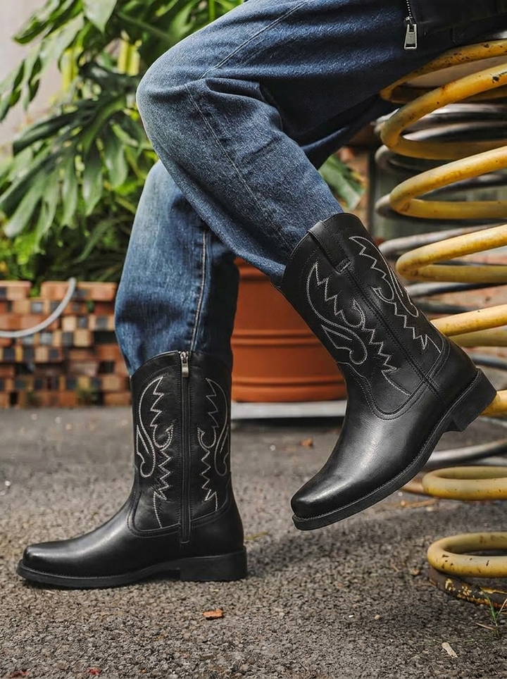 Men's tall riding cowboy boots, classic western style. Rugged pull-on design with a pointed toe for comfort.