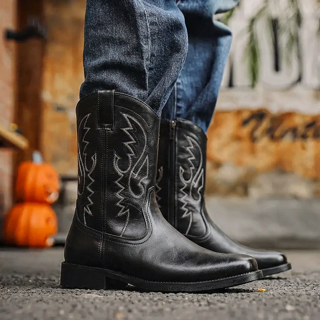 Men's classic tall cowboy boots, western riding style. Rugged pull-on design with a sharp pointed toe.