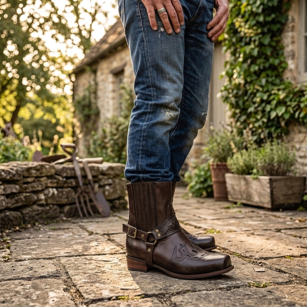 Rugged men's western boots featuring square toe, bold buckle harness, and decorative studs for a unique look.