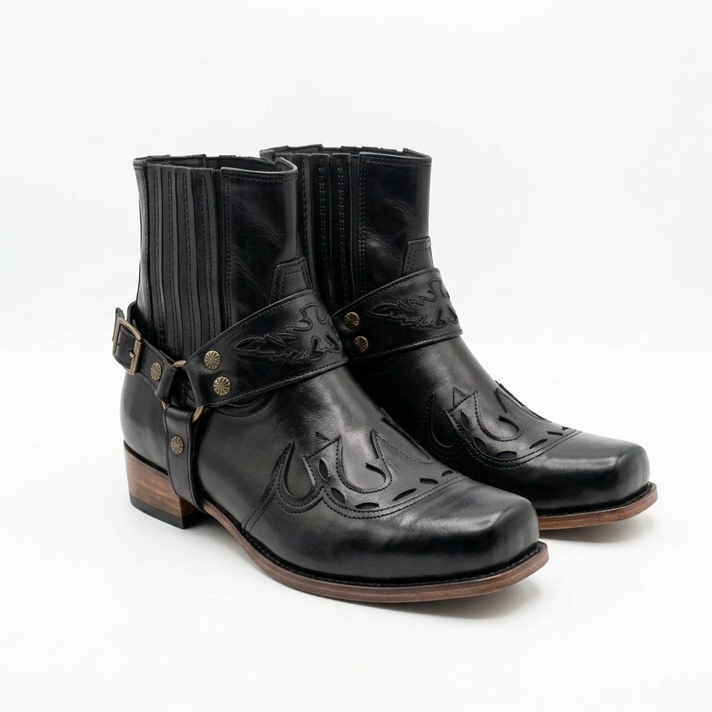 Stylish men's square toe cowboy boots with prominent buckle harness and studs, ideal for a fashion-forward look.