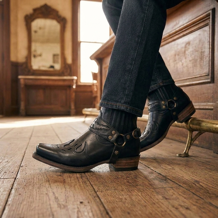 Durable men's cowboy boots: square toe, striking buckle harness, and studded details for a bold western statement.