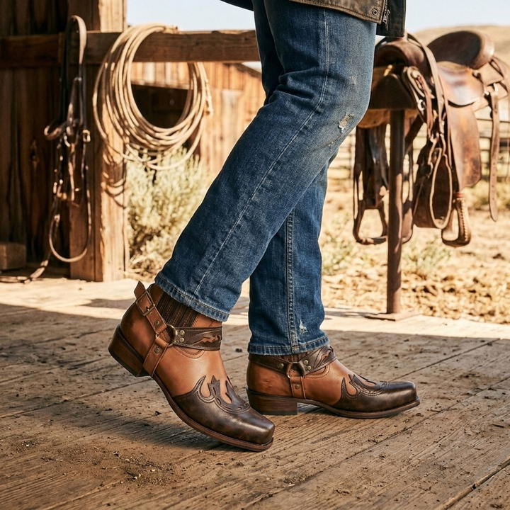 Men's unique square toe cowboy boots, boasting a buckle harness and intricate studding for an authentic western style.