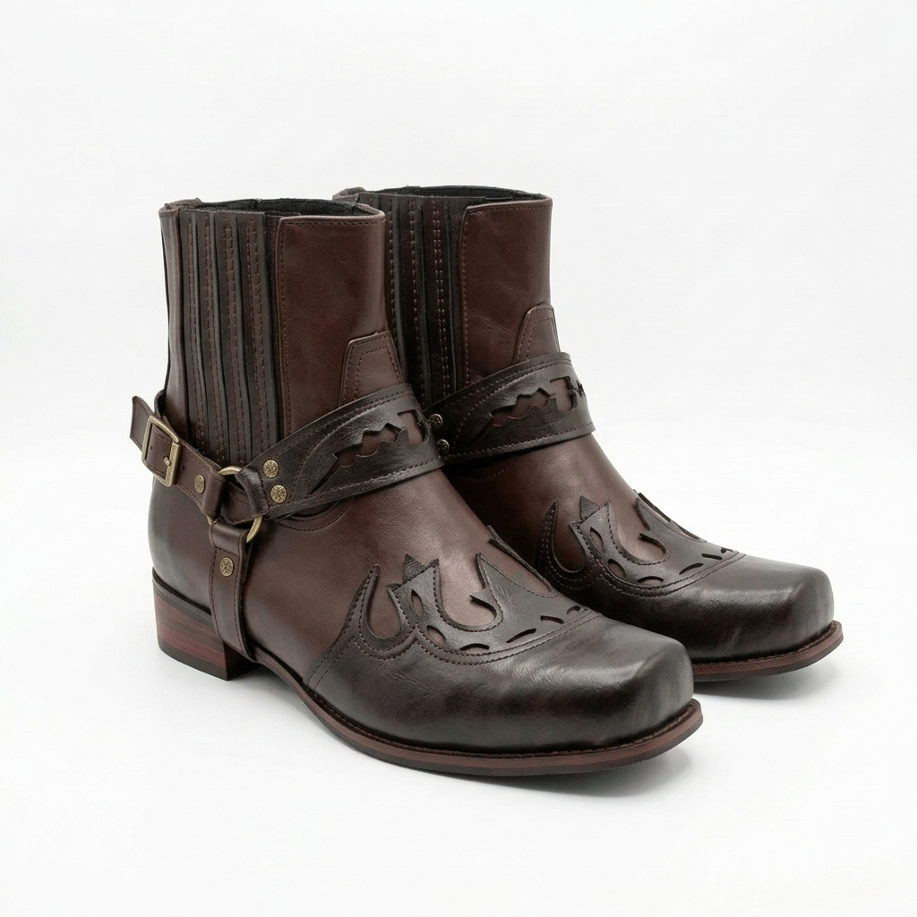 Men's square toe cowboy boots with buckle harness and studded design, perfect for rugged western fashion.